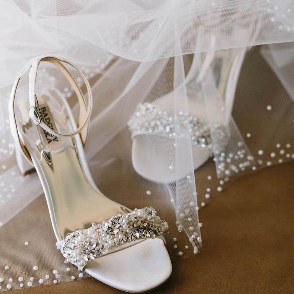 BADGLEY MISCHKA Clara Embellished Strap Evening Shoe White
